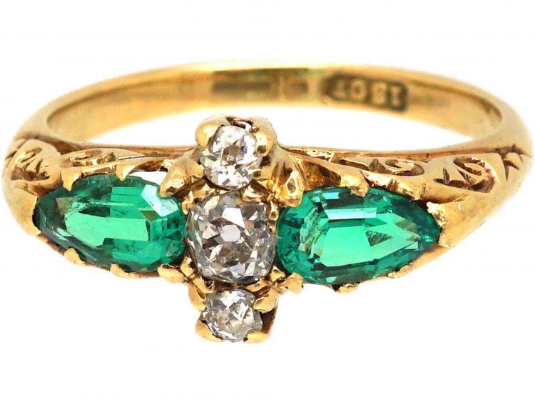 Edwardian 18ct Gold Carved Half Hoop Ring set with Two Pear Shaped Emeralds & Diamonds