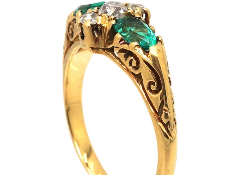 Edwardian 18ct Gold Carved Half Hoop Ring set with Two Pear Shaped Emeralds & Diamonds