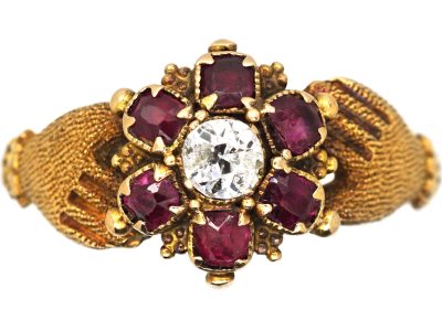 Early 19th Century 15ct Gold Fede Ring with Ruby & Diamond set Flower