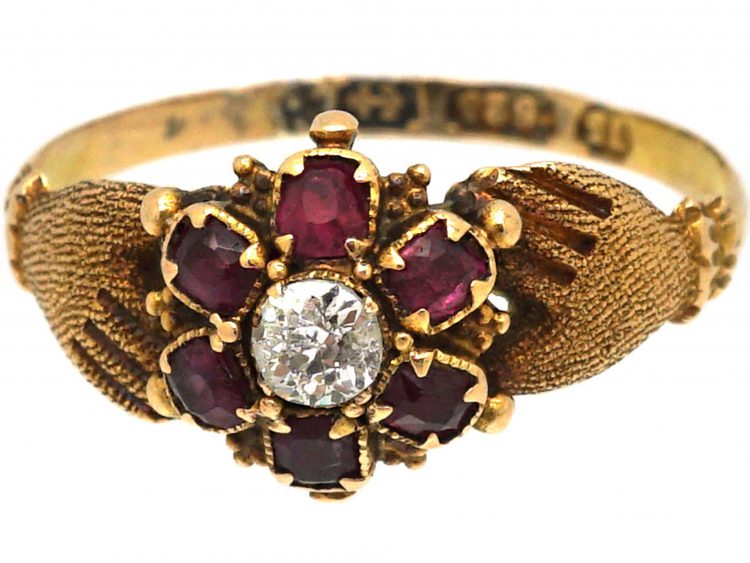 Early 19th Century 15ct Gold Fede Ring with Ruby & Diamond set Flower