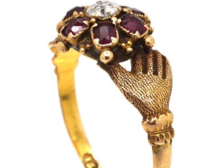 Early 19th Century 15ct Gold Fede Ring with Ruby & Diamond set Flower