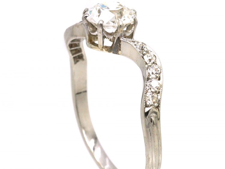 Edwardian Platinum Diamond Solitaire Ring with Diamond set Shoulders