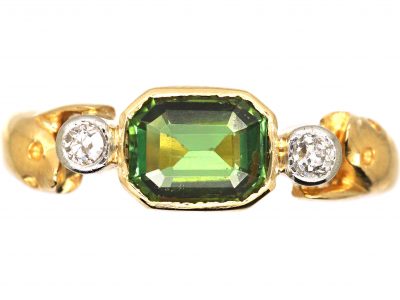 Edwardian 18ct Gold Ring with Snake Detail set with a Peridot & Diamonds