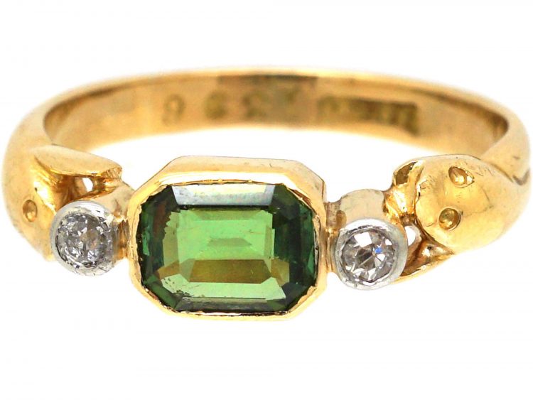 Edwardian 18ct Gold Ring with Snake Detail set with a Peridot & Diamonds