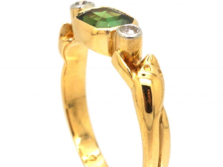 Edwardian 18ct Gold Ring with Snake Detail set with a Peridot & Diamonds