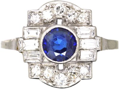 Art Deco Platinum Ring set with a Sapphire & Round & Baguette Cut Diamonds