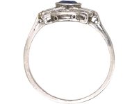 Art Deco Platinum Ring set with a Sapphire & Round & Baguette Cut Diamonds