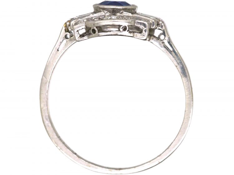 Art Deco Platinum Ring set with a Sapphire & Round & Baguette Cut Diamonds