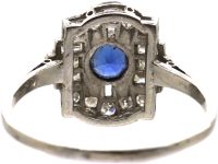 Art Deco Platinum Ring set with a Sapphire & Round & Baguette Cut Diamonds
