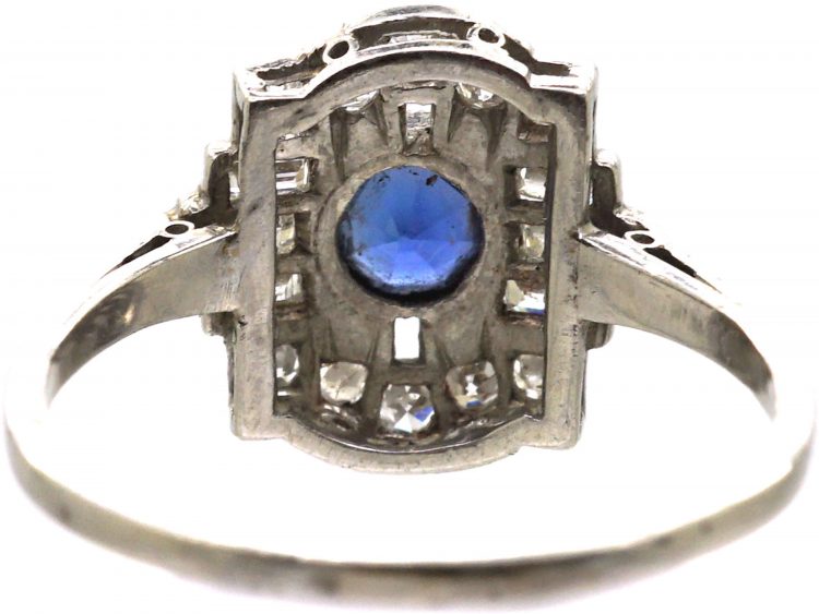 Art Deco Platinum Ring set with a Sapphire & Round & Baguette Cut Diamonds
