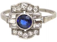 Art Deco Platinum Ring set with a Sapphire & Round & Baguette Cut Diamonds