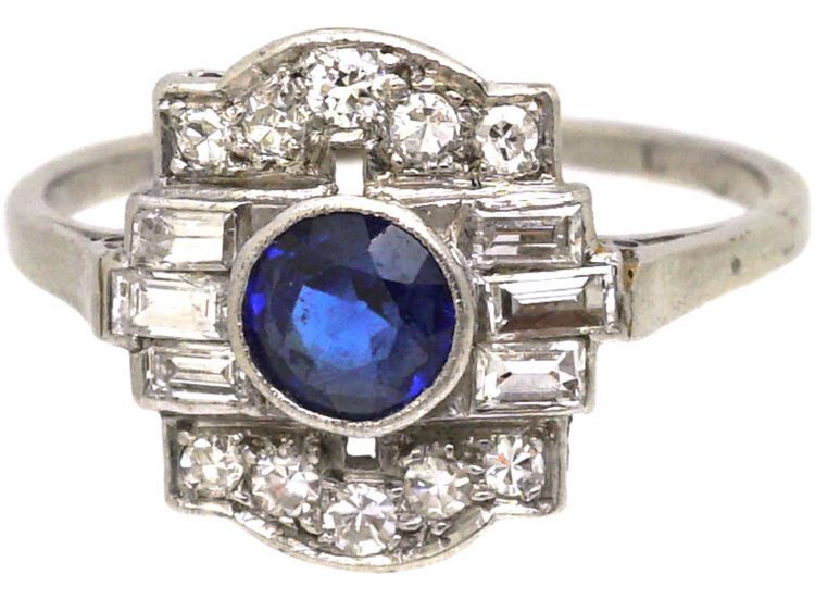 Art Deco Platinum Ring set with a Sapphire & Round & Baguette Cut Diamonds