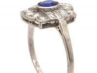 Art Deco Platinum Ring set with a Sapphire & Round & Baguette Cut Diamonds