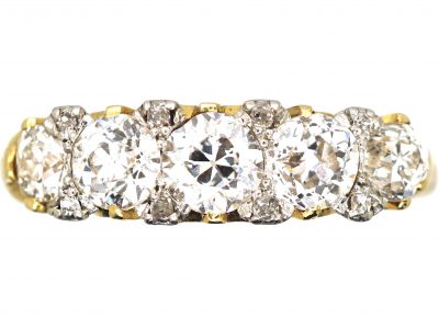 Victorian 18ct Gold, Five Stone Diamond Carved Half Hoop Ring