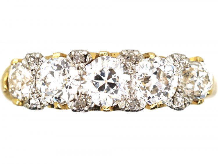 Victorian 18ct Gold, Five Stone Diamond Carved Half Hoop Ring