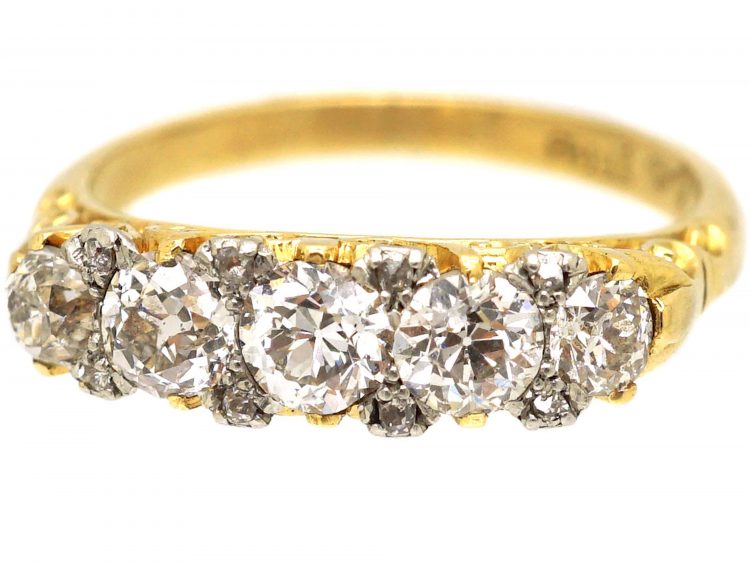 Victorian 18ct Gold, Five Stone Diamond Carved Half Hoop Ring