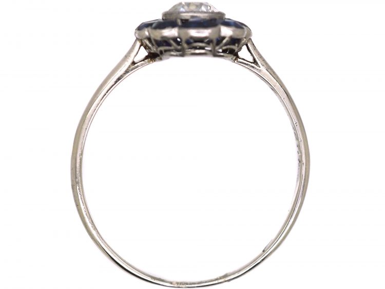Art Deco Platinum, Flower Ring set with a Diamond with Sapphire Petals