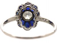 Art Deco Platinum, Flower Ring set with a Diamond with Sapphire Petals