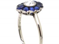 Art Deco Platinum, Flower Ring set with a Diamond with Sapphire Petals