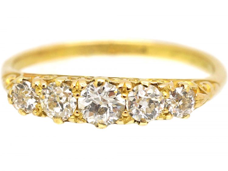 Victorian 18ct Gold, Five Stone Diamond Carved Half Hoop Ring