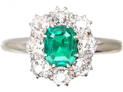 Edwardian 18ct White Gold, Emerald & Diamond Cluster Ring