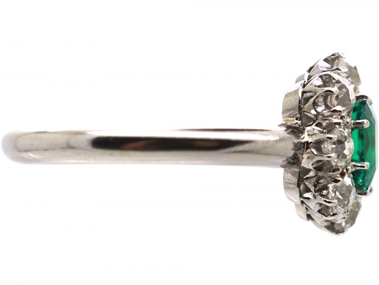 Edwardian 18ct White Gold, Emerald & Diamond Cluster Ring