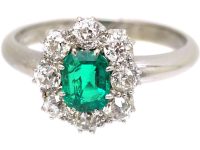 Edwardian 18ct White Gold, Emerald & Diamond Cluster Ring