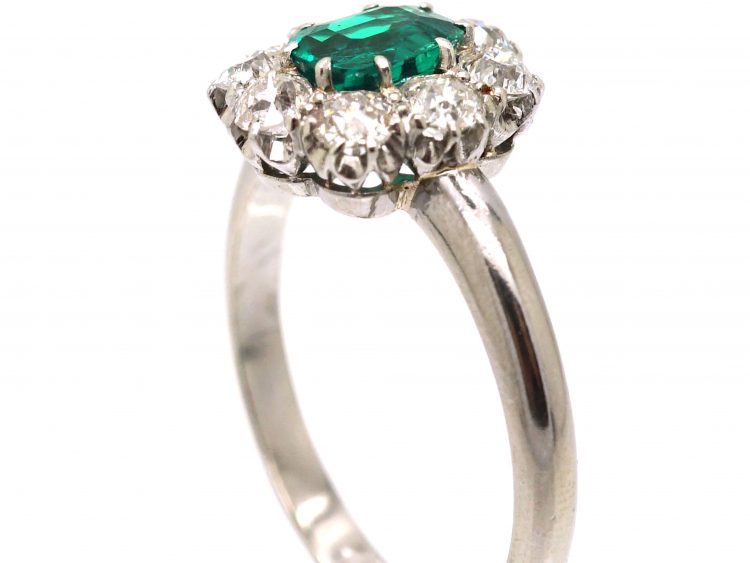 Edwardian 18ct White Gold, Emerald & Diamond Cluster Ring