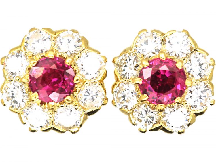 18ct Gold, Ruby & Diamond Cluster Earrings