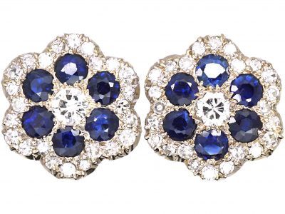 18ct Gold Flower Cluster Earrings set with Sapphires & Diamonds