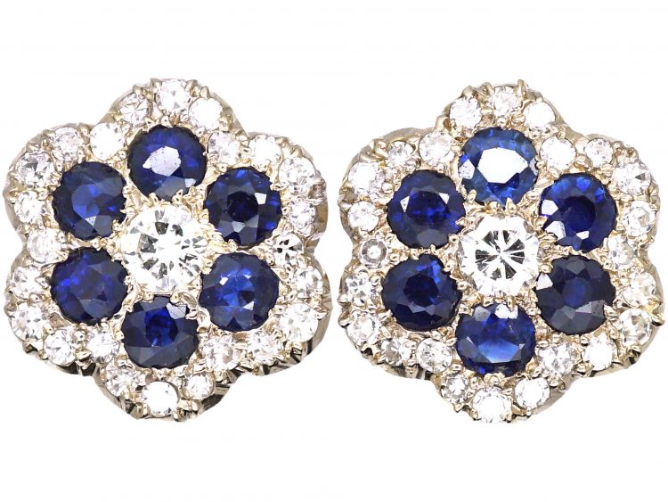 18ct Gold Flower Cluster Earrings set with Sapphires & Diamonds