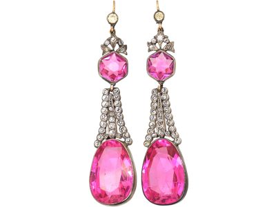 Edwardian Silver, Pink & White Paste Long Drop Earrings