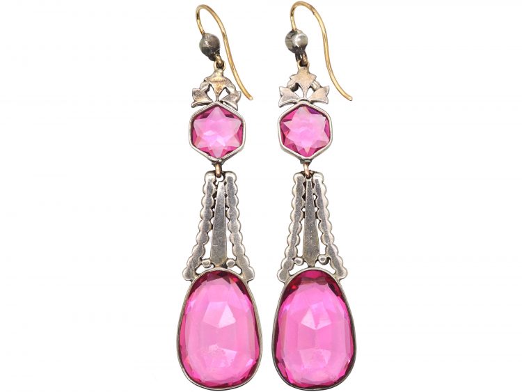 Edwardian Silver, Pink & White Paste Long Drop Earrings