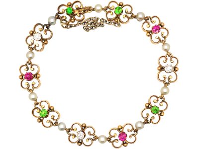 Suffragette 15ct Gold Bracelet set with Rubies, Green Garnets, Natural Pearls & Diamonds