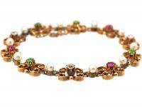 Suffragette 15ct Gold Bracelet set with Rubies, Green Garnets, Natural Pearls & Diamonds