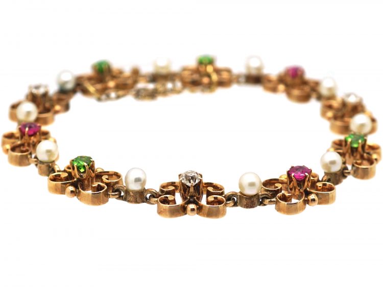 Suffragette 15ct Gold Bracelet set with Rubies, Green Garnets, Natural Pearls & Diamonds