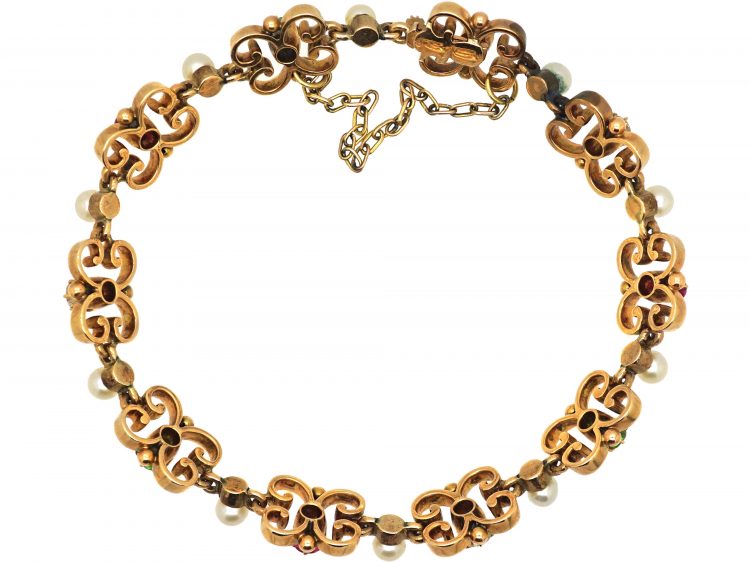 Suffragette 15ct Gold Bracelet set with Rubies, Green Garnets, Natural Pearls & Diamonds
