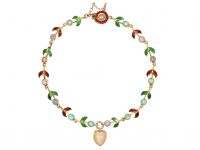 Edwardian 15ct Gold, Red & Green Enamel & Opal Leaf & Bud Bracelet with Heart Shaped Opal Drop