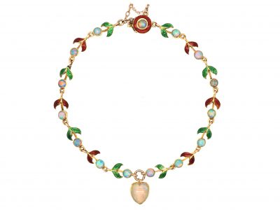 Edwardian 15ct Gold, Red & Green Enamel & Opal Leaf & Bud Bracelet with Heart Shaped Opal Drop