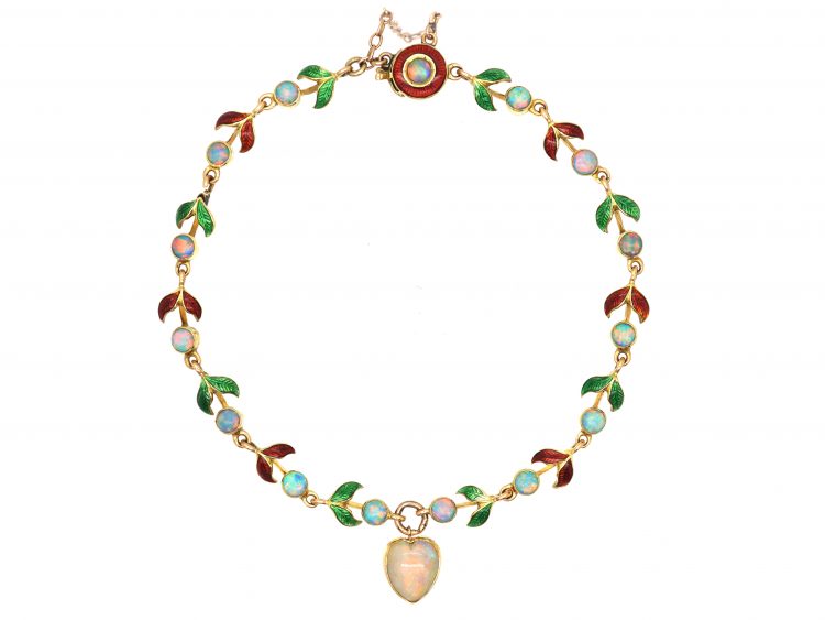 Edwardian 15ct Gold, Red & Green Enamel & Opal Leaf & Bud Bracelet with Heart Shaped Opal Drop