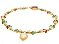 Edwardian 15ct Gold, Red & Green Enamel & Opal Leaf & Bud Bracelet with Heart Shaped Opal Drop
