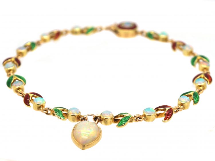 Edwardian 15ct Gold, Red & Green Enamel & Opal Leaf & Bud Bracelet with Heart Shaped Opal Drop