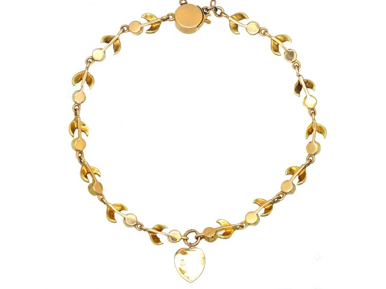 Edwardian 15ct Gold, Red & Green Enamel & Opal Leaf & Bud Bracelet with Heart Shaped Opal Drop