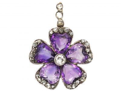 Edwardian 15ct Gold & Silver Amethyst & Diamond Pansy Pendant