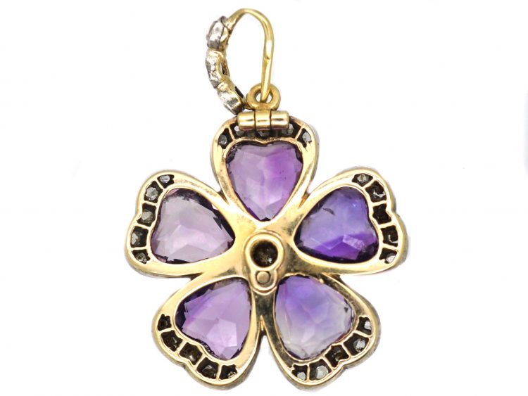 Edwardian 15ct Gold & Silver Amethyst & Diamond Pansy Pendant