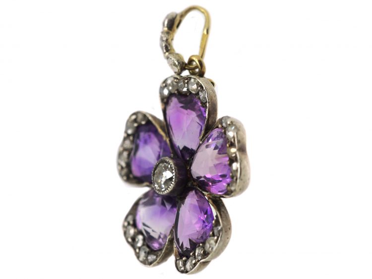 Edwardian 15ct Gold & Silver Amethyst & Diamond Pansy Pendant
