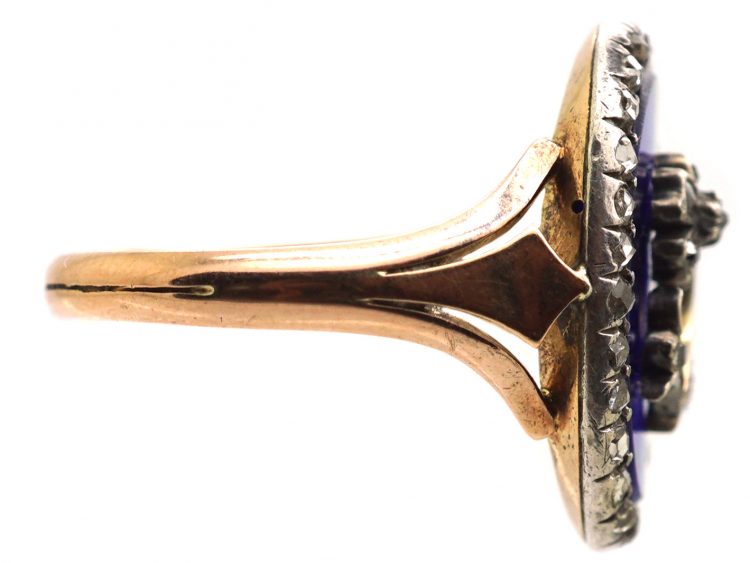 Georgian 9ct Gold & Silver, Blue Glass & Rose Diamond Pansy Ring