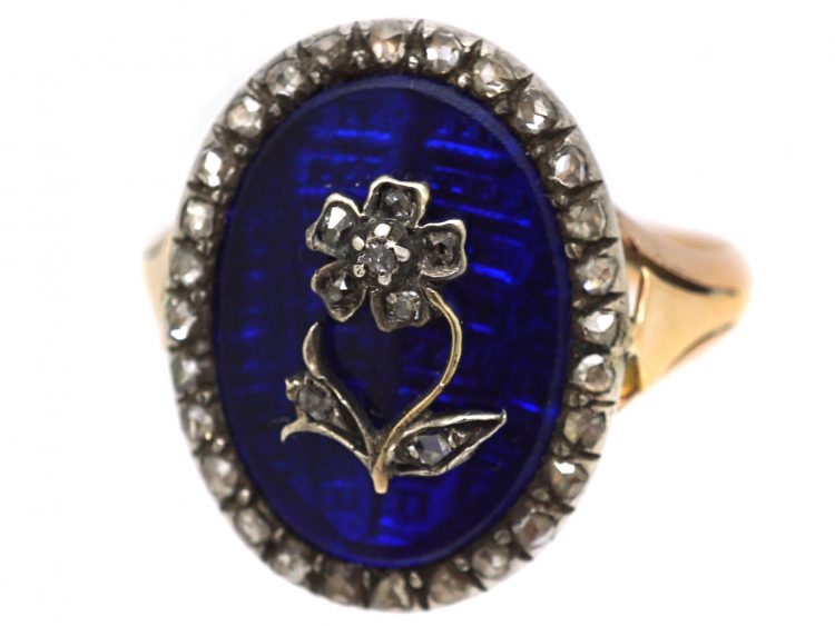 Georgian 9ct Gold & Silver, Blue Glass & Rose Diamond Pansy Ring