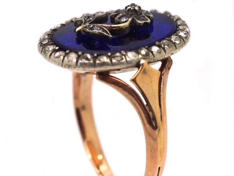 Georgian 9ct Gold & Silver, Blue Glass & Rose Diamond Pansy Ring