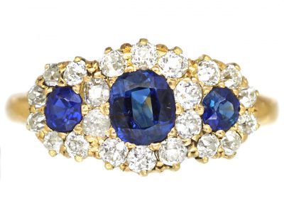 Edwardian 18ct Gold Triple Cluster Ring set with Sapphires & Diamonds